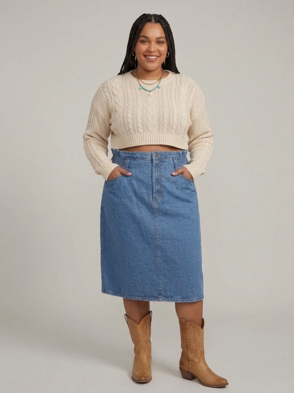 Vintage 90s Paperbag Waist Midi Denim Skirt Size 18 Blue Jean Skirt